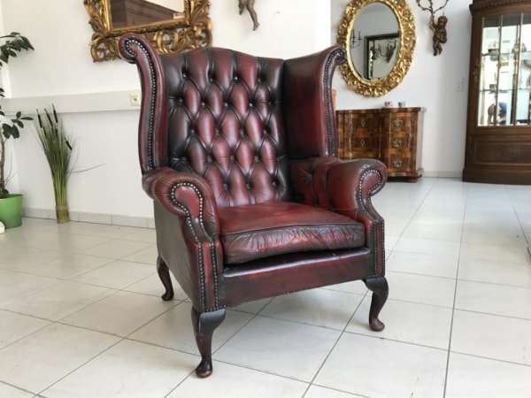 Exclusiver Chesterfield Lederfauteuil Ohrensessel Kaminsessel Oxblood red Rot - W2105