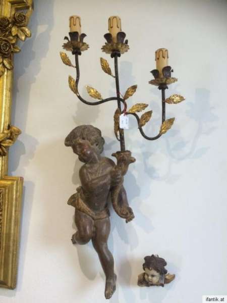 alte Engelsfigur Engel mit 3 armigen Leuchter Wandleuchte Nr. 8387